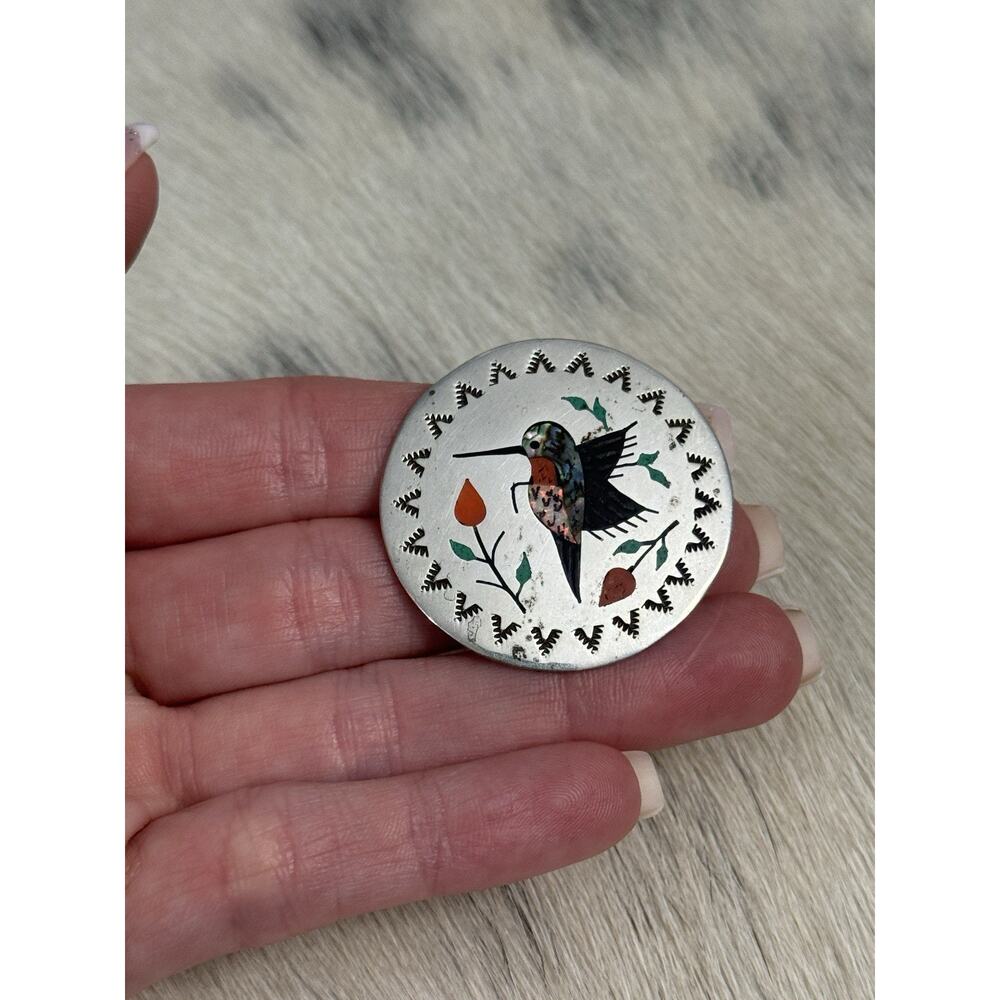 Native American Sterling Silver BOYD Turquoise Coral Opal HummingBird Pendant - Picture 6 of 10
